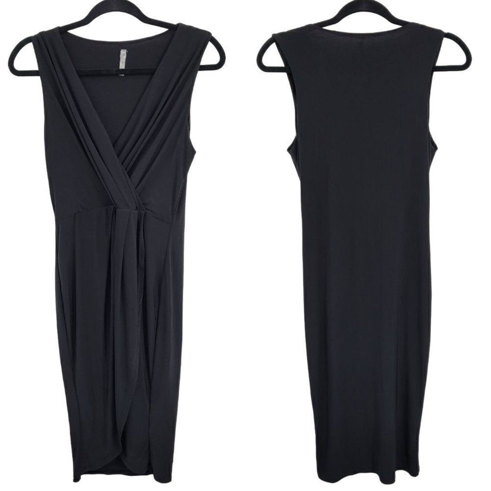 Cefian USA Slinky Little Black‎ Dress L Sleeveless Mock Wrap Cocktail Holiday